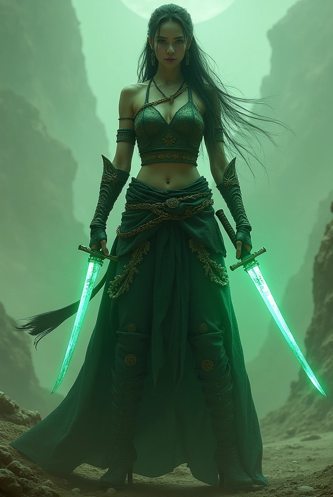 Ancient warrior woman with glowing green eyes holding two magical katanas