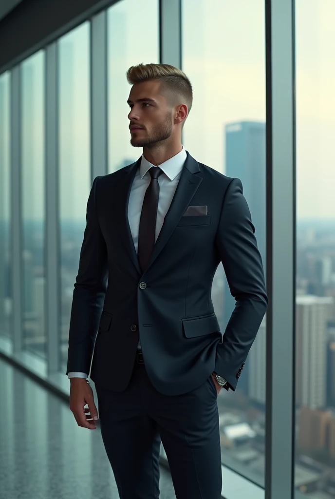 A young Russian man, aesthetically beautiful body because you train at the gym, short blonde hair with a slight quiff, with short social beard, wearing a slightly tight suit, millionaire in his office standing looking sideways through the glass of his office