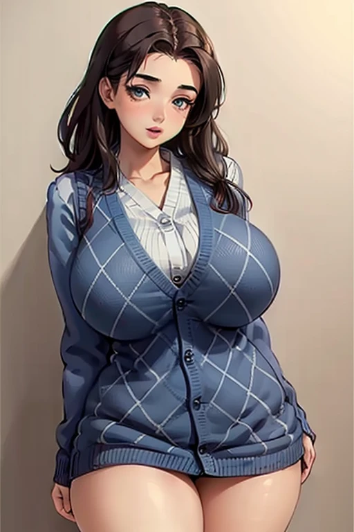 (best quality), (masterpiece), 1 girl, early 20's, huge heavy breasts, busty, massive breasts, thick, thick lips, wide hips, thin waist, argyle cardigan