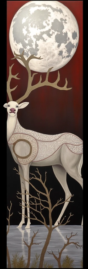 The image displays a vertically oriented painting featuring a stylized deer with elaborate patterns on its body standing against a dark background. Above the deer is a large, detailed moon filling the upper portion of the canvas. The deer’s antlers are expansive and seem to blend into tree branches that reach up towards the moon. The lower part of the painting shows bare tree branches emerging from what appears to be water, reflecting the scene above. This artwork is interesting due to its combination of natural elements with intricate designs and its evocative use of contrast between light and dark areas, creating a sense of mystique.