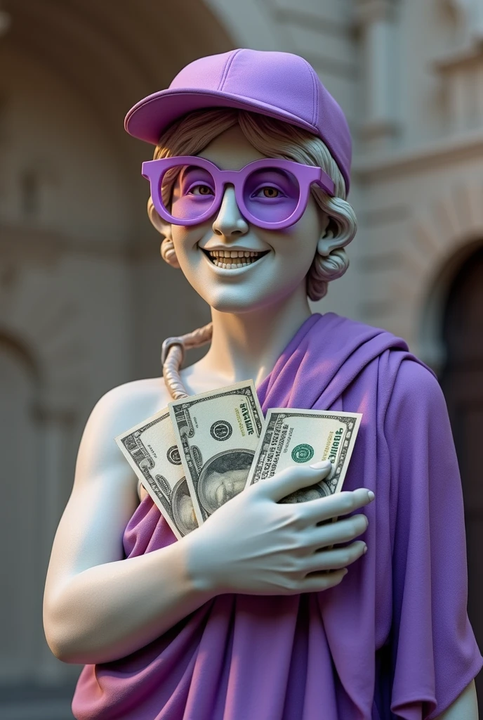 Greek statue with a smile on its face with purple glasses and a purple cap on its head and with LOTS of money in its hand