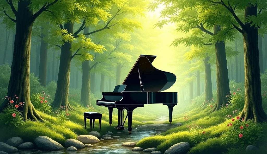 A black grand piano is placed in the middle of a lush green forest. The scene is bathed in soft sunlight filtering through the tall trees and green maple (momiji) leaves, creating a calm and peaceful atmosphere. A small stream runs beside the piano, reflecting the sunlight. The forest floor is covered with moss and leaves, and the piano stands out against the vibrant natural surroundings, adding an element of elegance to the serene landscape. The image should be detailed and realistic, capturing the tranquility of the forest and the beauty of the piano.
Small flowers are blooming,Watercolor style