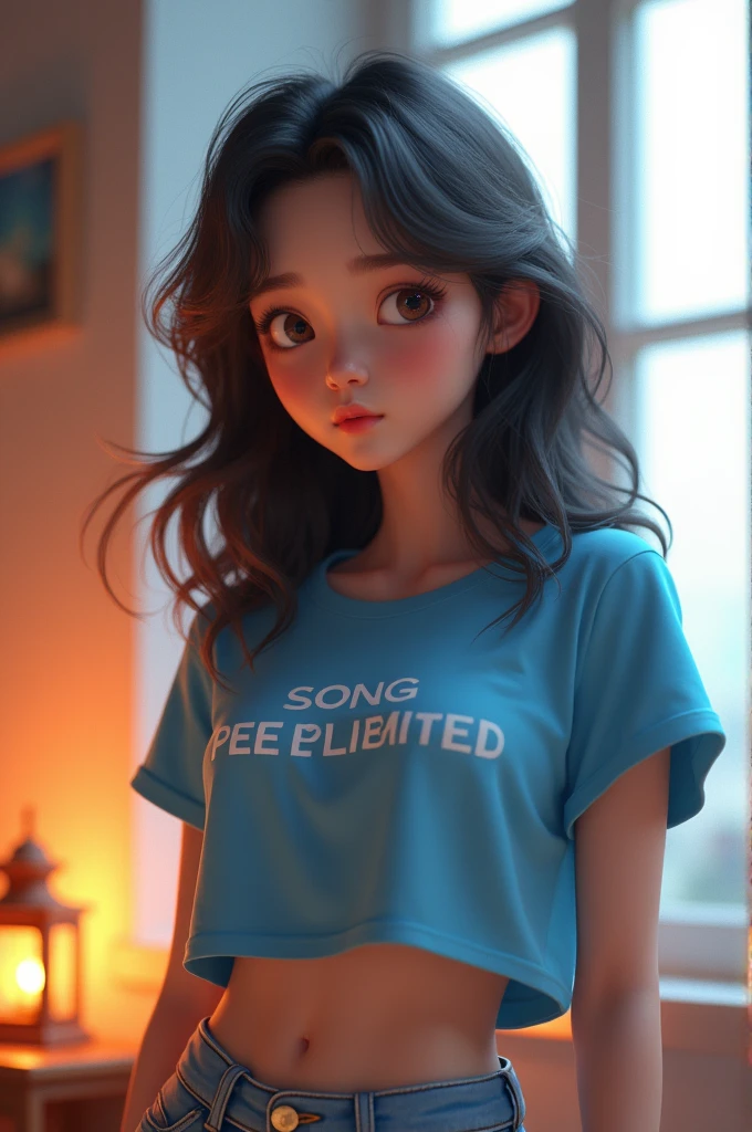 สาวเกาหลีสุดสวยwatchเหมือนภาพวาด 4 มิติ,(watch), I parted ways directly., My hair is great., Ideal , Blue cropped t-shirt with printed message., shorts, stand (window background), bright colors, studio lights, gentle fire, The light is dim., 3D animation