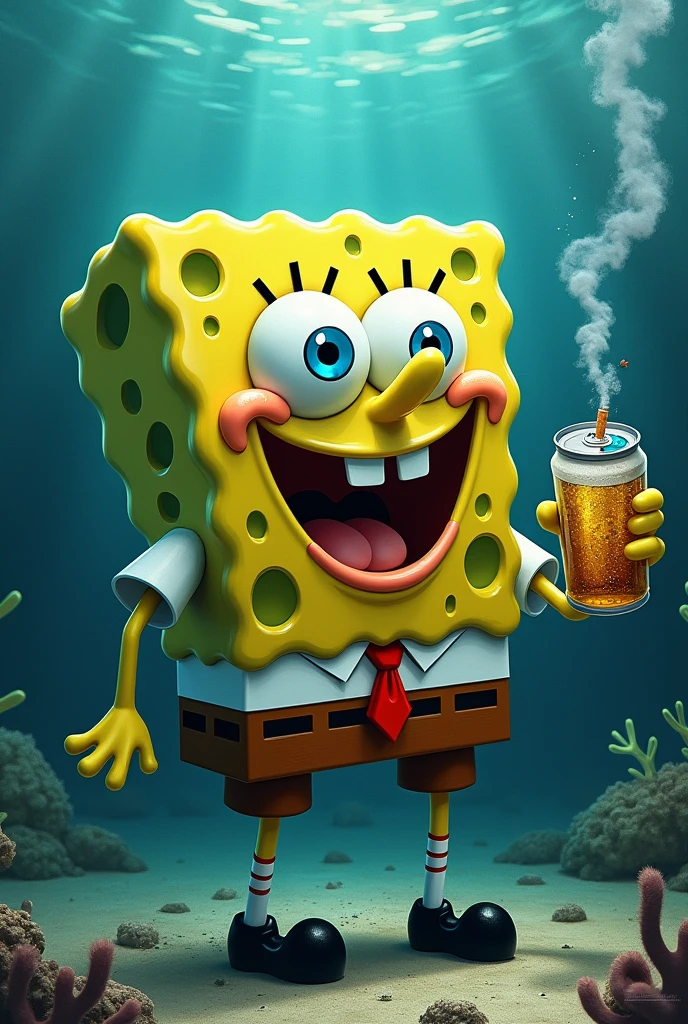 Spongebob Squarepants with a beer in one hand and a cigarette in the other 