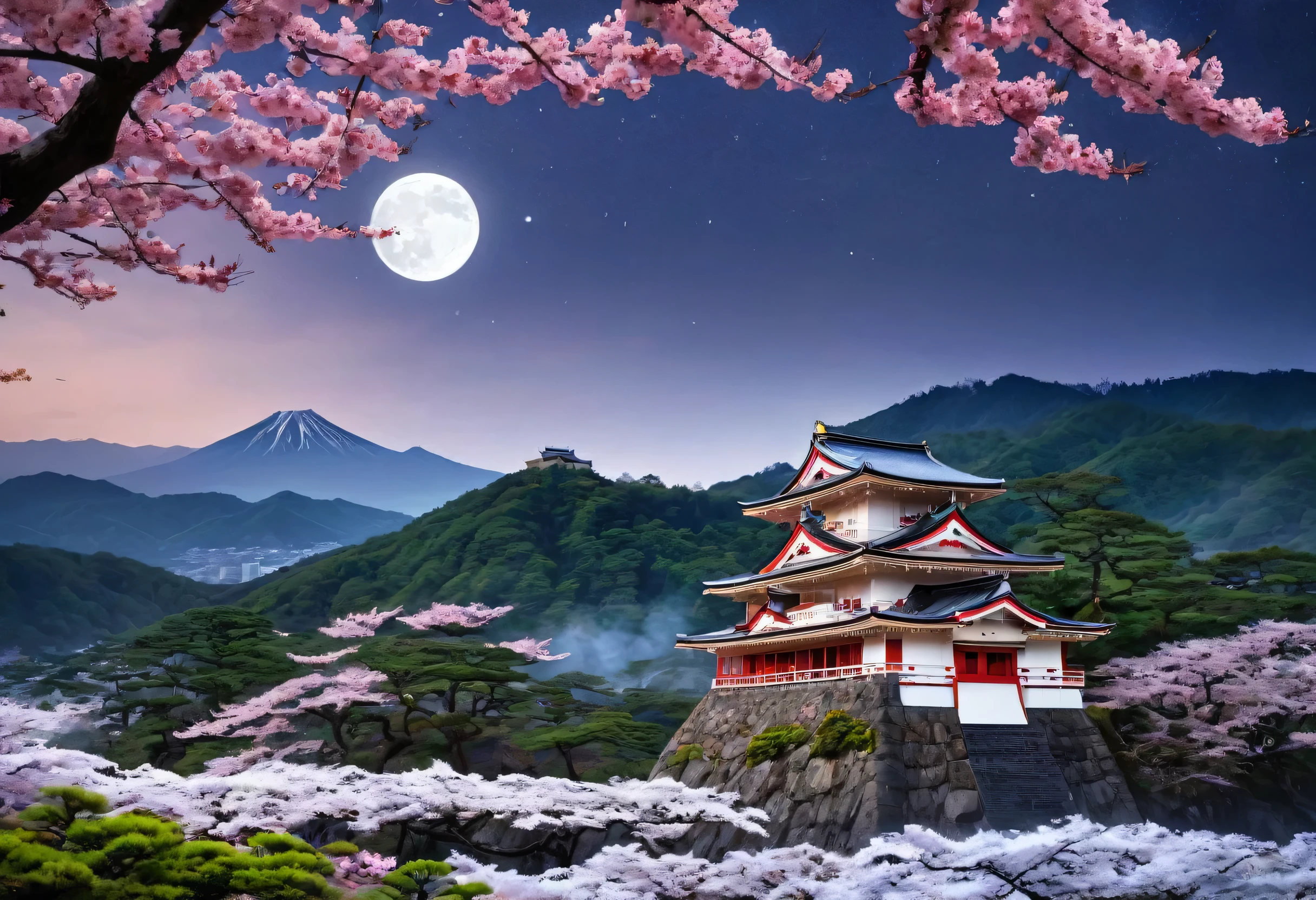 During Japan's Warring States period, castles were not only symbols of power but also of beauty. Among them, this luminous castle stood out, known for its bewitching beauty that lit up the night. The moonlight and lanterns cast mystical shadows on the castle's stone walls, creating a moment of serene tranquility amidst the chaos of war. This artwork captures a scene that symbolizes enduring beauty and peace even in turbulent times.