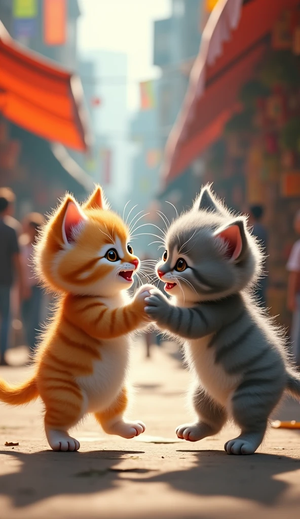 Cute miniature 'light orange and white' kitten is fighting with an ugly miniature 'grey' kitten in the market street. 