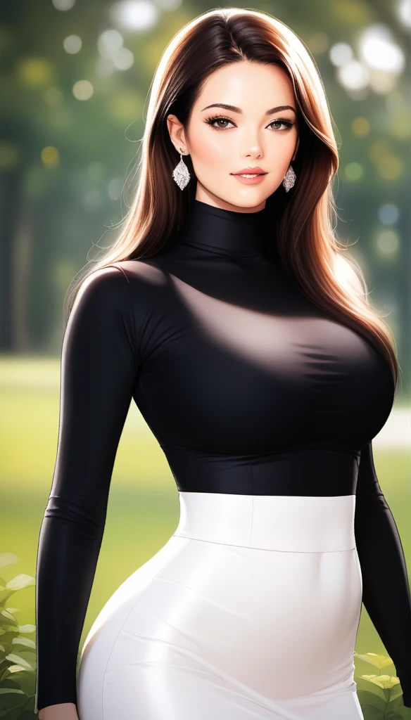 (Masterpiece:1.2, Best quality), Realistic, (Real picture, Intricate details, Depth of field), parted lip, High neck lace skirt，highly  detailed, Perfect face, Perfect body, Large models,
Mature woman, Tall, Long legs, 
Natural background bokeh,long earrings 