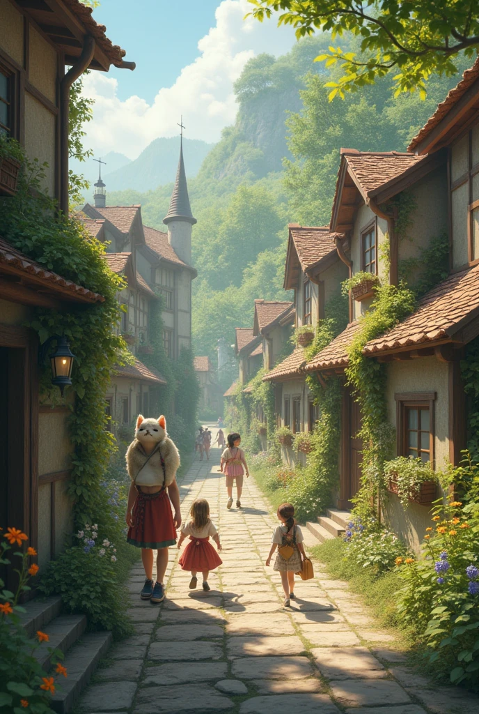 Village Scene**: A peaceful village with Whiskers interacting with the people.
