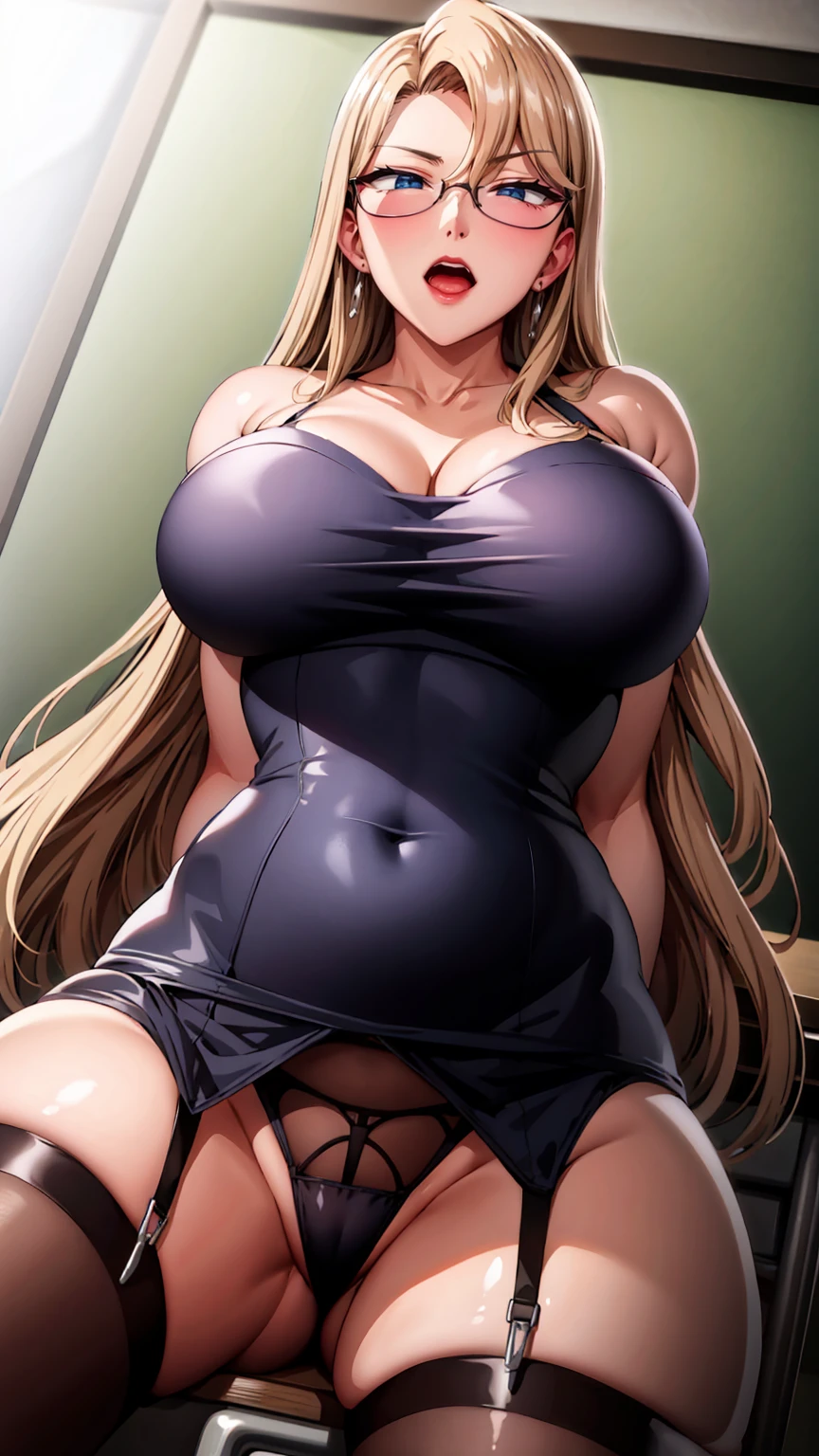 masterpiece,best quality,official art,extremely detailed CG unity 8k wallpaper, Reika Kurashiki, Saimin Seishidou, milf, red business_suit, red glasses, red high heels, black garter straps, black thighhighs, spread legs, sitting on teacher's desk, classroom, looking down, jitome, from below,