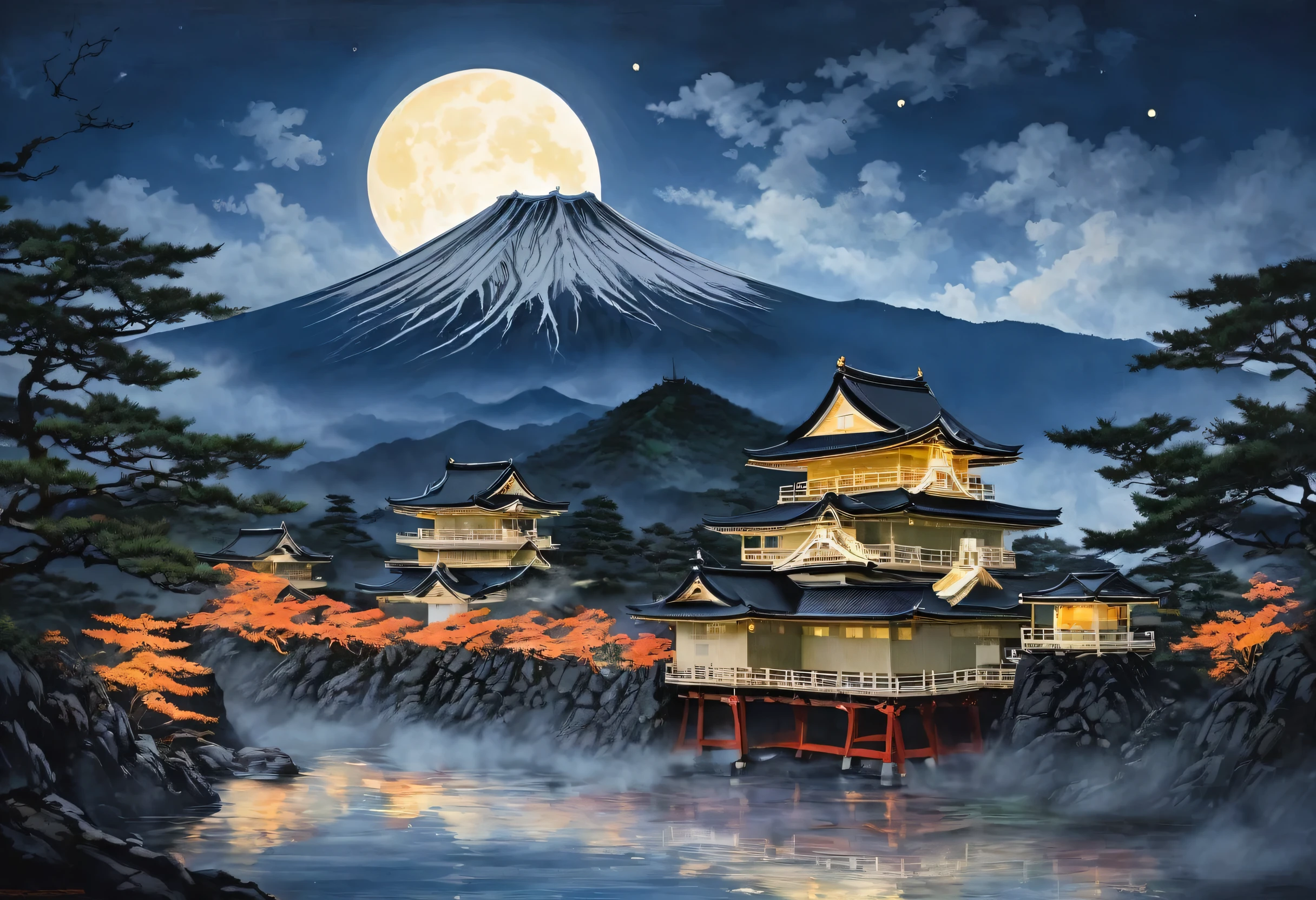 During Japan's Warring States period, castles were not only symbols of power but also of beauty. Among them, this luminous castle stood out, known for its bewitching beauty that lit up the night. The moonlight and lanterns cast mystical shadows on the castle's stone walls, creating a moment of serene tranquility amidst the chaos of war. This artwork captures a scene that symbolizes enduring beauty and peace even in turbulent times.