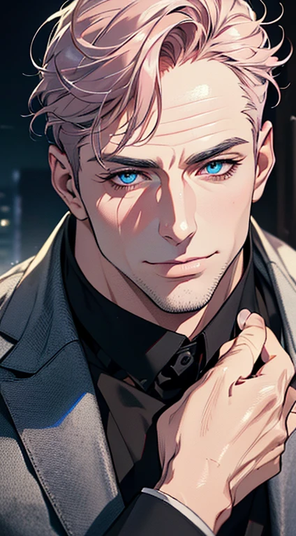 (best quality,4k,8k,highres,masterpiece:1.2),ultra-detailed,(realistic,photorealistic,photo-realistic:1.37),1 man,3,mature man,very handsome,without expression,smile,short grey pink hair,blue eyes,penetrating gaze,perfect face without errors,imposing posture,businessman,office background,cinematic lighting,hdr image