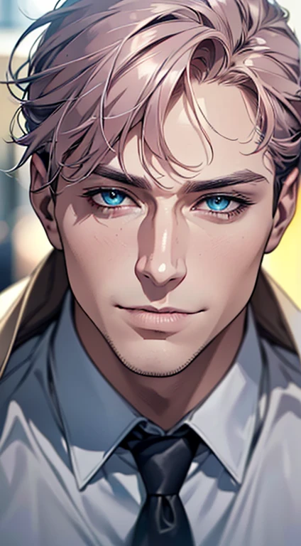 (best quality,4k,8k,highres,masterpiece:1.2),ultra-detailed,(realistic,photorealistic,photo-realistic:1.37),1 man,3,mature man,very handsome,without expression,smile,short grey pink hair,blue eyes,penetrating gaze,perfect face without errors,imposing posture,businessman,office background,cinematic lighting,hdr image