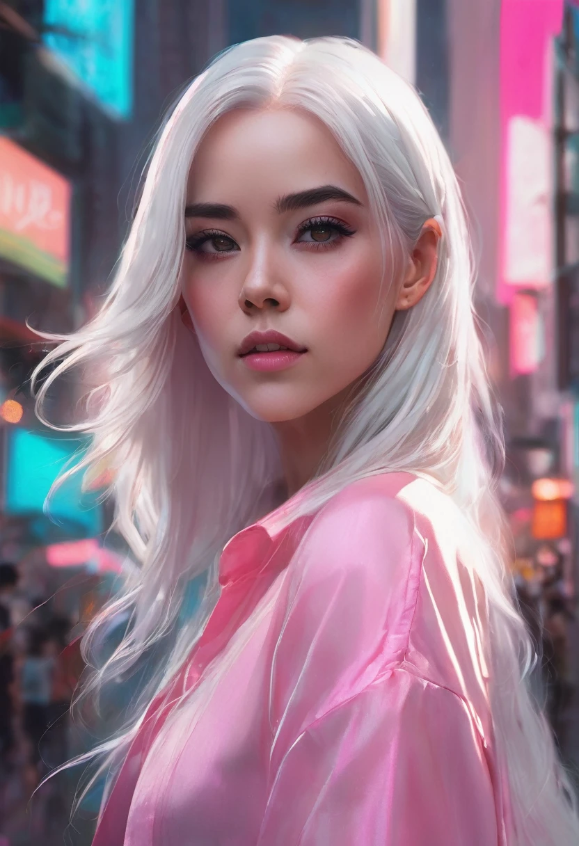 A close-up of a woman with long white hair and a pink shirt, a digital painting inspired by Ross Tran, art station, Digital art, Perfect white hair girl, Girl with white hair, guweiz style artwork, rossdraws 1. 0, 🤤 portrait of a woman Ross draws a portrait, rossdraws digital painting, ig model | artegerm