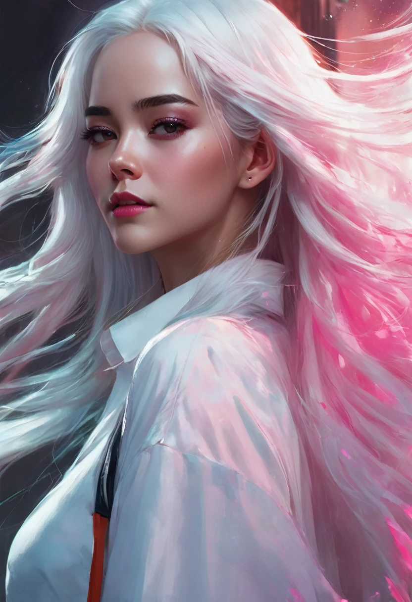 A close-up of a woman with long white hair and a pink shirt, a digital painting inspired by Ross Tran, art station, Digital art, Perfect white hair girl, Girl with white hair, guweiz style artwork, rossdraws 1. 0, 🤤 portrait of a woman Ross draws a portrait, rossdraws digital painting, ig model | artegerm