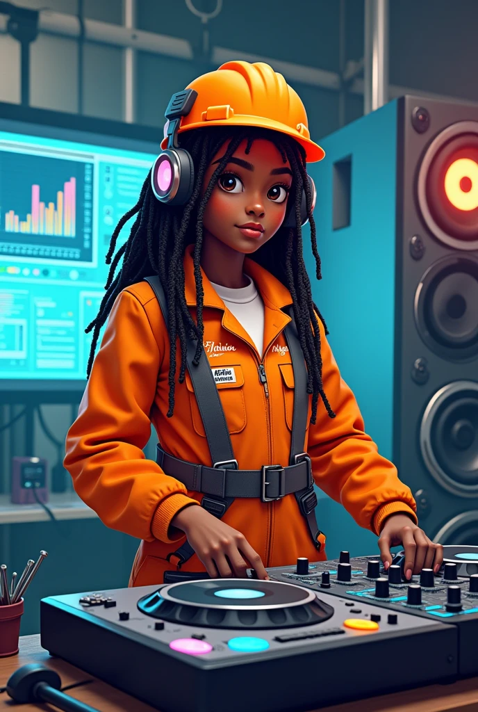 Black engineer girl wearing headphones playing music with virtual dj dispay and large speakers wearing engineering orange costumes, engineering hat and hammer,nails box and engineering operators having dreadlocks Cover written "DJ MINNIE NUGGET"