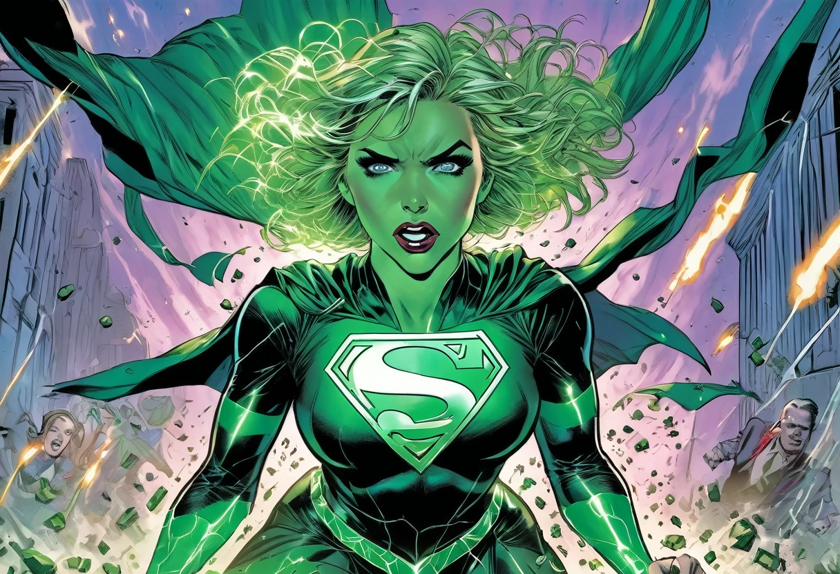 (supergirl portrayed by a cute woman, batters and torn costume, battered and bruised, bound up in glowing green kryptonite chains), super girl is raging and crying, Lex Luthor's lab