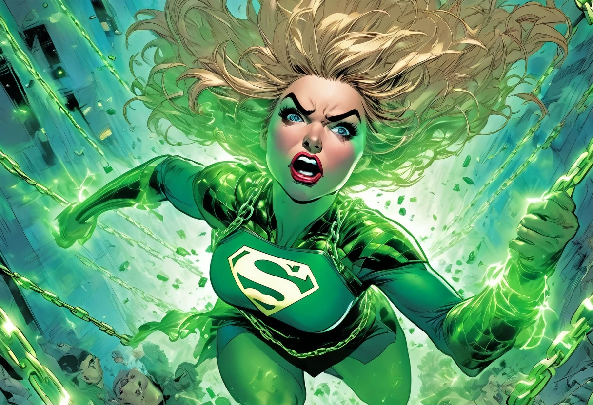 (supergirl portrayed by a cute woman, batters and torn costume, battered and bruised, bound up in glowing green kryptonite chains), super girl is raging and crying, Lex Luthor's lab