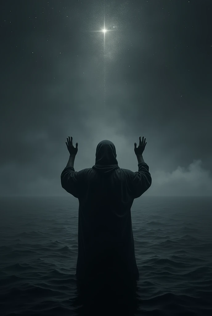 A profile picture for whatsapp of a man in the darkness at sea asking God for help looking at the sky. The man's face should not be visible because it is in the dark..