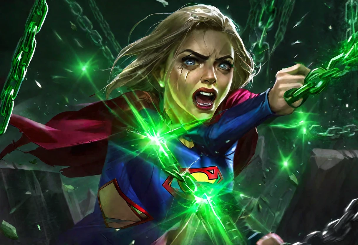 (supergirl portrayed by a cute woman, batters and torn costume, battered and bruised, bound up in glowing green kryptonite chains), super girl is raging and crying, Lex Luthor's lab
