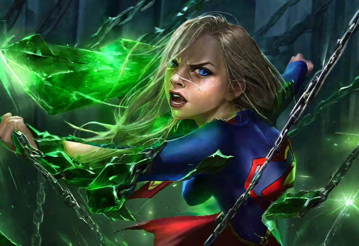 (supergirl portrayed by a cute woman, batters and torn costume, battered and bruised, bound up in glowing green kryptonite chains), super girl is raging and crying, Lex Luthor's lab