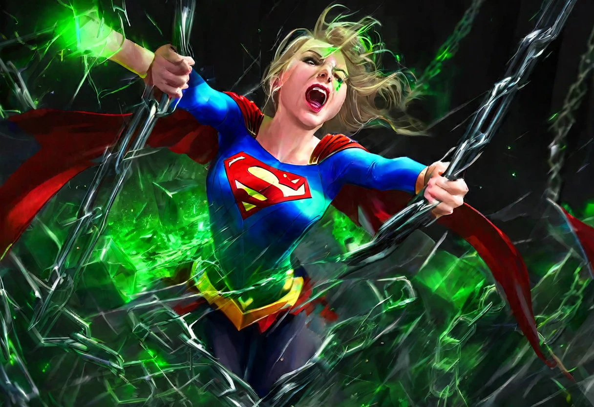 (supergirl portrayed by a cute woman, batters and torn costume, battered and bruised, bound up in glowing green kryptonite chains), super girl is raging and crying, Lex Luthor's lab
