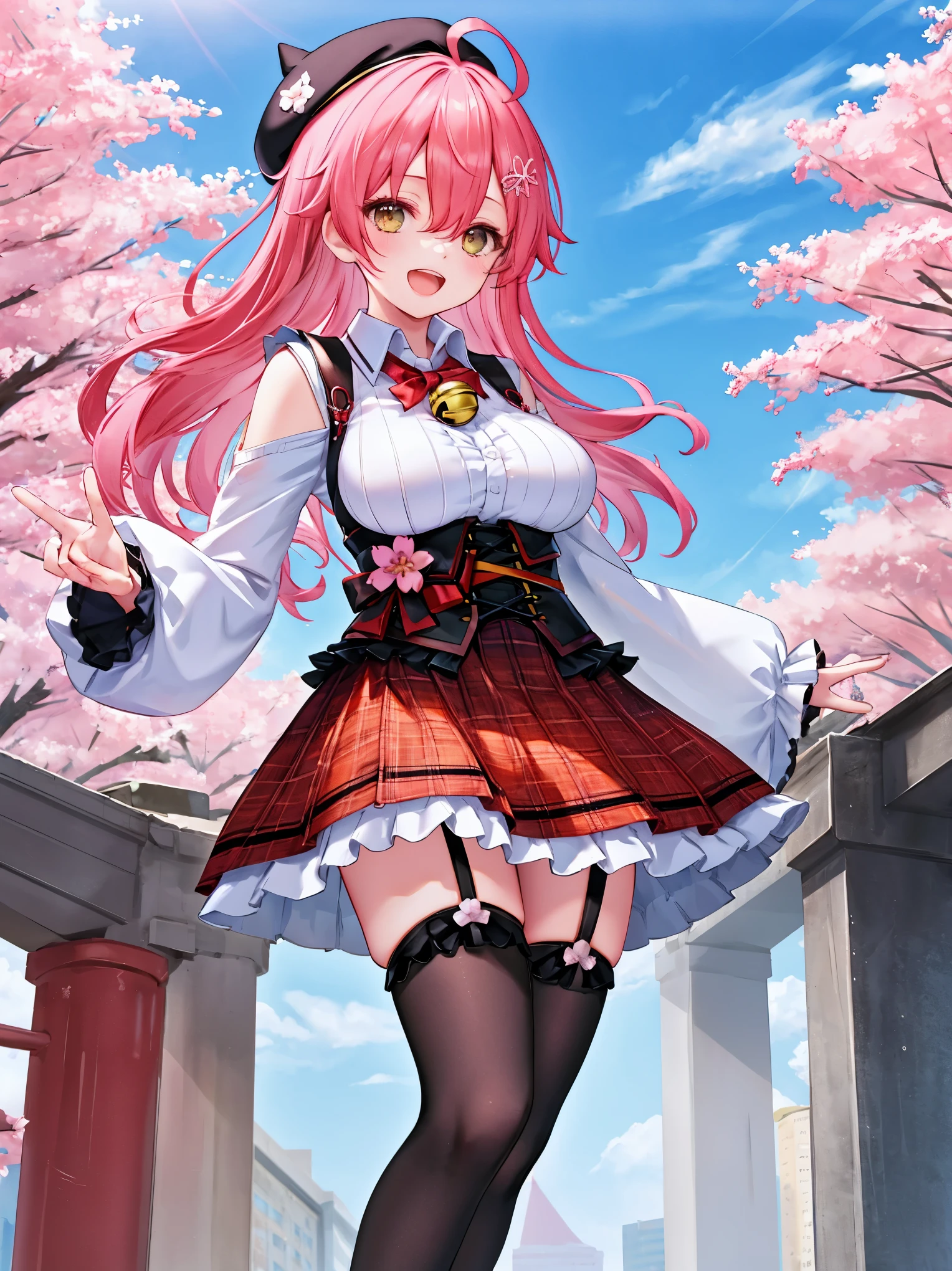 masutepiece, Best_Quality, hight_resolution, miko2,Ponytail, 1girl, Ahoge, black headwear, Hair Ornament, White shirt, black thighhighs, Pink hair, Red_skirt, very_short_skirt, plaid skirts, garter_strap, Collared shirt, hair clips, frilld, Bangs, hair between eye, frills skirt, beret, Pleated skirt, Hair Flower, Neck bell, , y long sleeves, Black bow, Underbust, Smile, (large_brea),covered_nipples, grs, happy, dynamic_angle,apart_legs,(big_smile:1.2),plump,open_mouth,shout,half_eyes,cherryblossom_park_landscape_background,