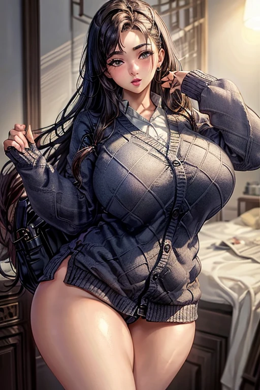 (best quality), (masterpiece), 1 girl, early 20's, huge heavy breasts, busty, massive breasts, thick, thick lips, wide hips, thin waist, argyle cardigan