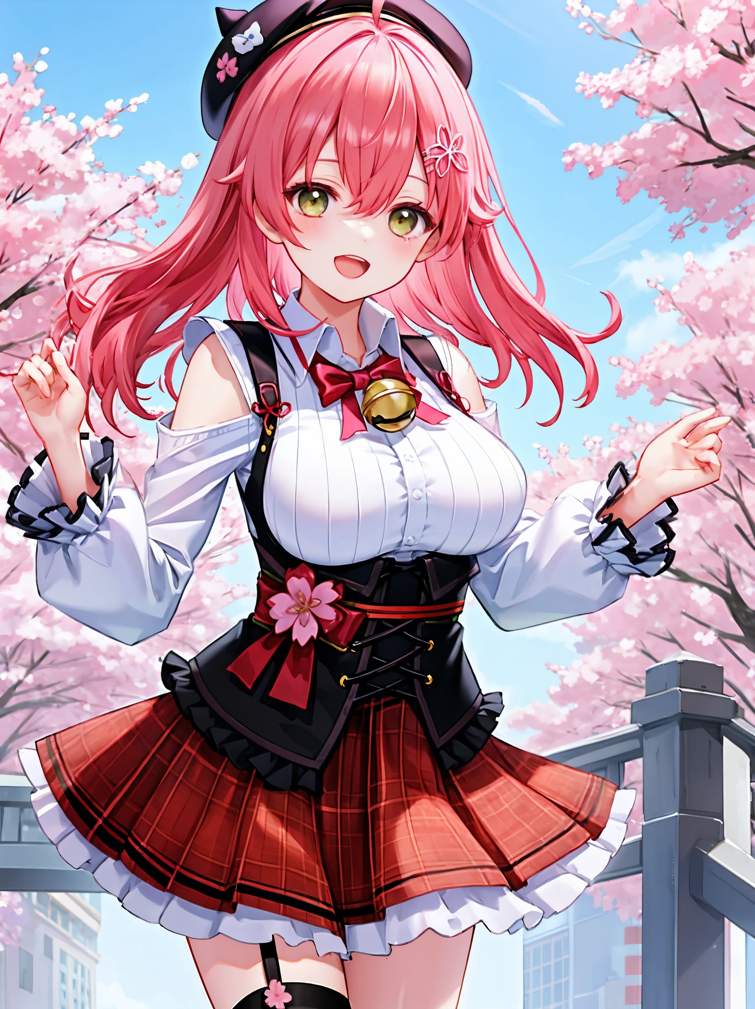 masutepiece, Best_Quality, hight_resolution, miko2,Ponytail, 1girl, Ahoge, black headwear, Hair Ornament, White shirt, black thighhighs, Pink hair, Red_skirt, very_short_skirt, plaid skirts, garter_strap, Collared shirt, hair clips, frilld, Bangs, hair between eye, frills skirt, beret, Pleated skirt, Hair Flower, Neck bell, , puffy long sleeves, Black bow, Underbust, Smile, (large_breasts:1.3),covered_nipples, green_eyes, happy, dynamic_angle,apart_legs,(big_smile:1.2),plump,open_mouth,shout,half_eyes,cherryblossom_park_landscape_background,