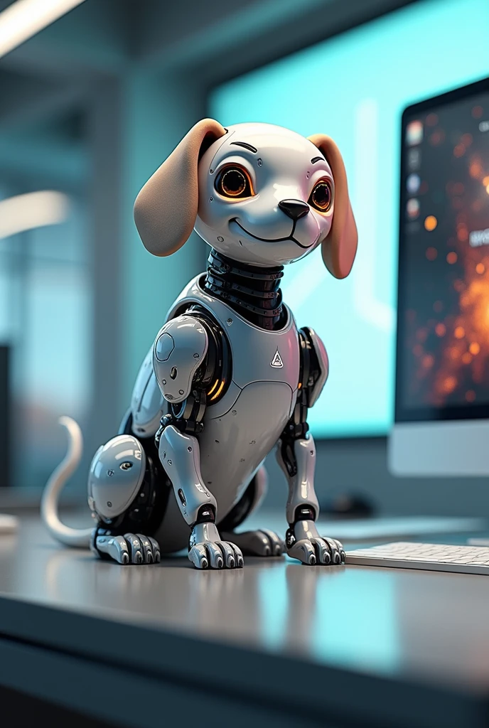 A cute futuristic dog is sitting on an office desk.