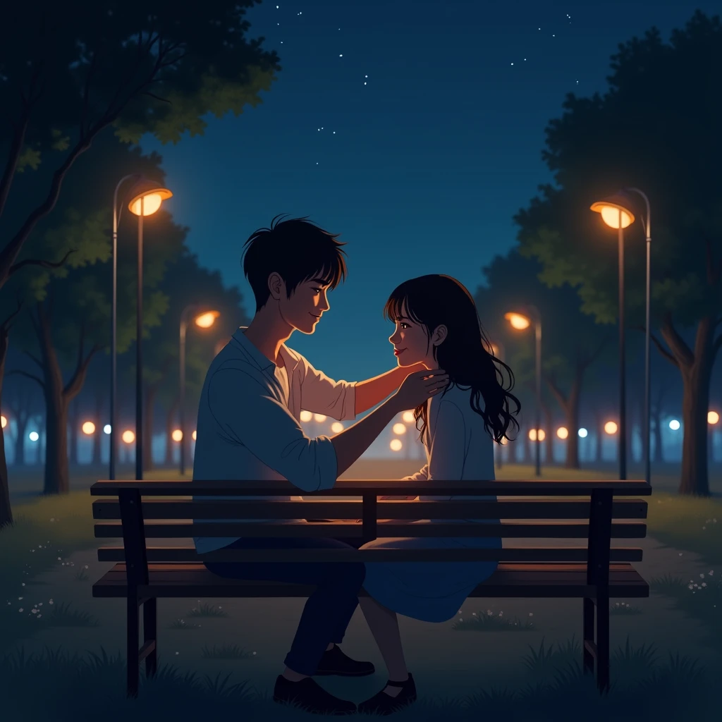 "A realistic 4K scene set during the night in a peaceful park, softly illuminated by nearby streetlights. A young man and woman are sitting on a bench together. The man is gently fixing the woman's hair with a tender smile on his face, while the woman looks down, her expression soft and content. The atmosphere is serene, with the soft light from the streetlamps casting a warm glow on their faces, adding a sense of intimacy. The night sky is dark, with a few stars twinkling faintly above, while the park around them remains quiet and calm, enhancing the romantic and peaceful moment."
