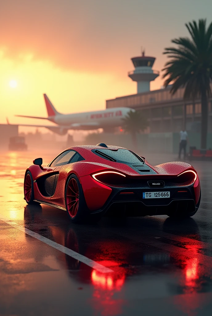 McLaren p1 in metalic red realistic dark,red alloys,standing in indian airport,little fog,and little rainy,in sun rise.tg 12 6666 number plate