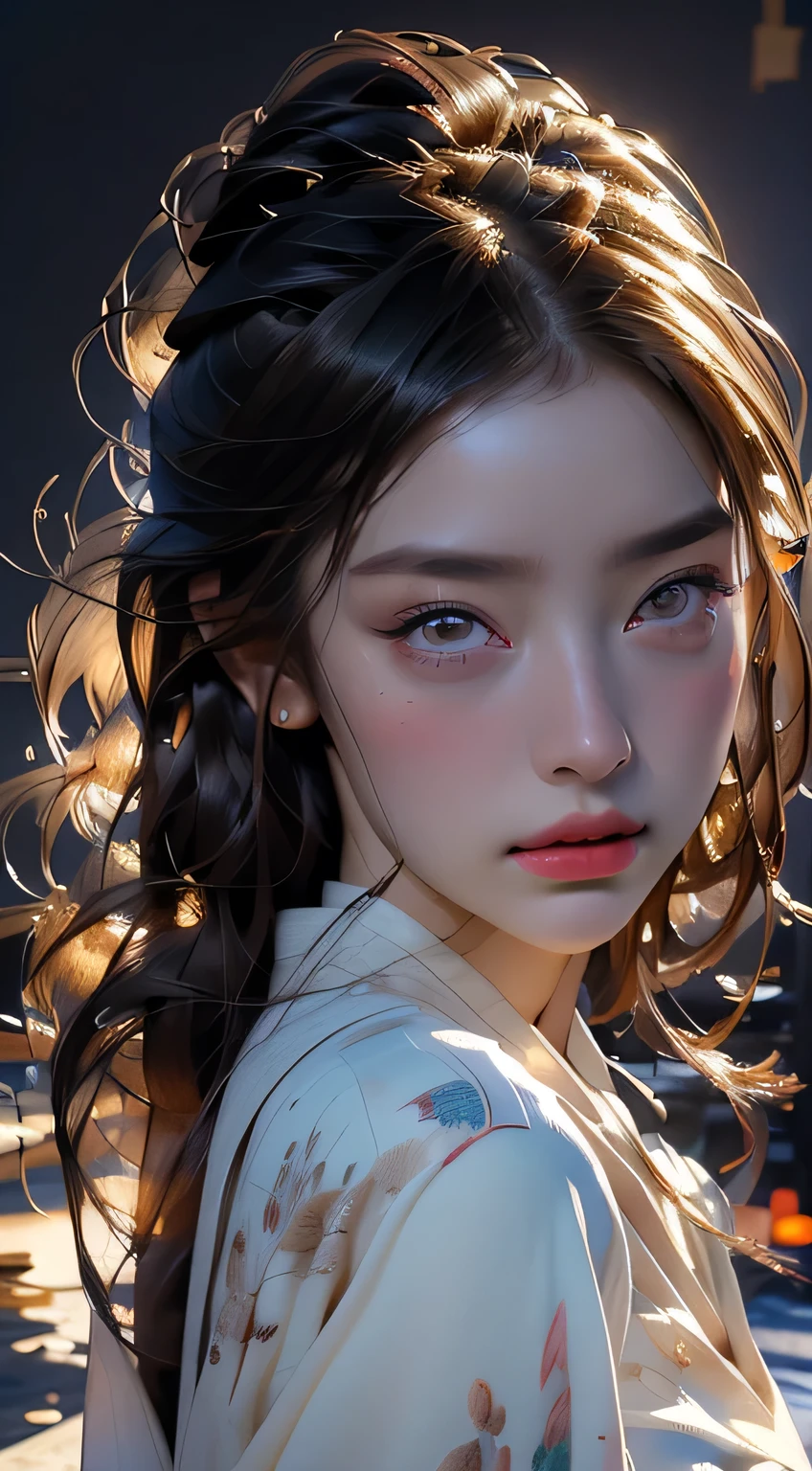 Beautiful woman in kimono,8k,Beautiful details in the eyes,Dindal effect、masterpiece, 最high quality, high quality, High resolution、Super detailed photos、(Natural skin texture、Detailed skin、Hyperrealism、Ultra Sharpness)、Skin with attention to detail、(Very detailed、Detailed skin texture、Intricate details、Beautiful Face、(A vivid face)、Realistic eyes、Beautiful and fine details、Realistic Skin、Beautiful skins、surreal、Very detailed、Golden Ratio、((Night moonlight background))、(Upper body portrait)