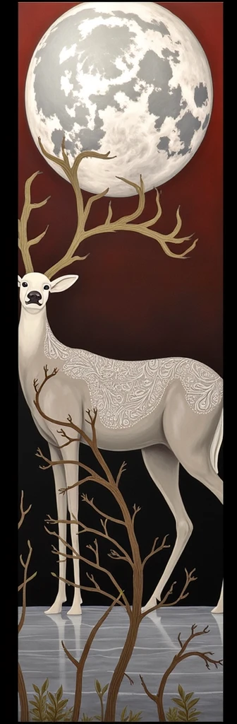 The image displays a vertically oriented painting featuring a stylized deer with elaborate patterns on its body standing against a dark background. Above the deer is a large, detailed moon filling the upper portion of the canvas. The deer’s antlers are expansive and seem to blend into tree branches that reach up towards the moon. The lower part of the painting shows bare tree branches emerging from what appears to be water, reflecting the scene above. This artwork is interesting due to its combination of natural elements with intricate designs and its evocative use of contrast between light and dark areas, creating a sense of mystique.