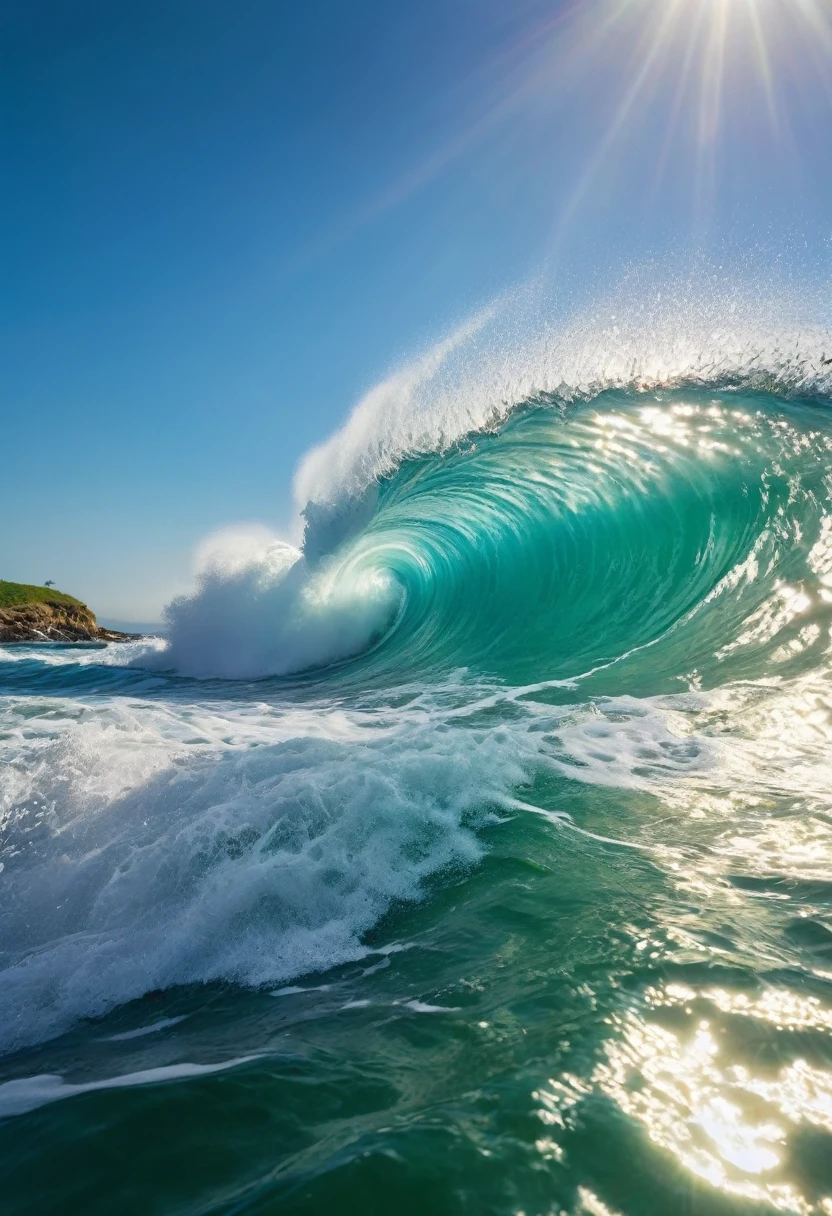 a breathtaking seascape with massive crashing waves, crystal clear water tubes, sunlight streaming through the waves, water splashing and spraying, the raw beauty of nature, (best quality,4k,8k,highres,masterpiece:1.2),ultra-detailed,(realistic,photorealistic,photo-realistic:1.37),HDR,UHD,studio lighting,extremely detailed,professional,vivid colors,dramatic lighting