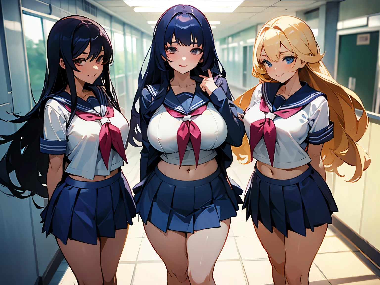 3 voluptuous girls, same serafuku, navel, blue short skirt, evil smile, school hallway, natural light, detailed, bullys, sexy poses