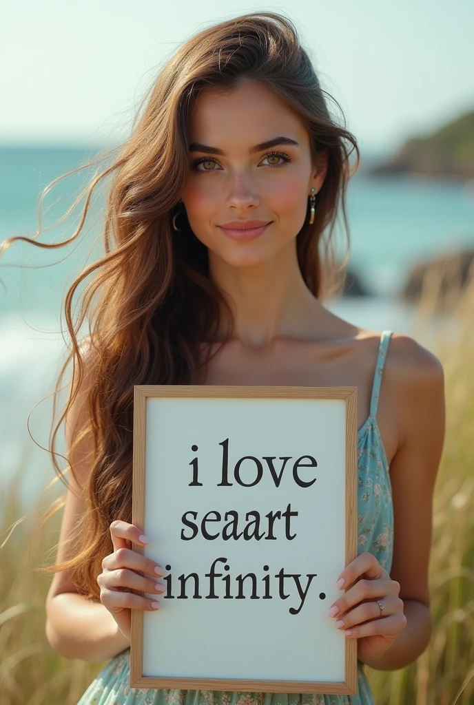 Beautiful girl with wavy long hair, bohemian dress, holding a white board with text "I Love Seaart Infinity" and showing it to the viewer