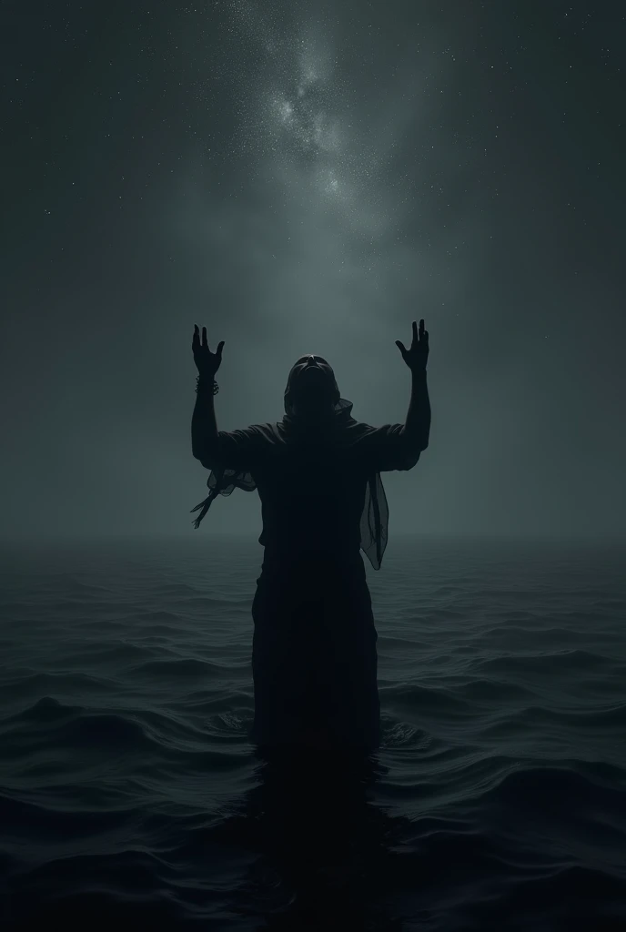 A profile picture for whatsapp of a man in the darkness at sea asking God for p looking at the sky. The man's face should not be visible because it is in the dark..