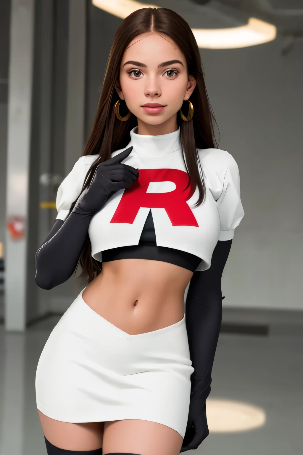 The face of Olivia Rodrigo, 1girl, solo, team rocket,team rocket uniform,white skirt,red letter R,crop top,black thigh-highs,black elbow gloves, earrings, large breasts,