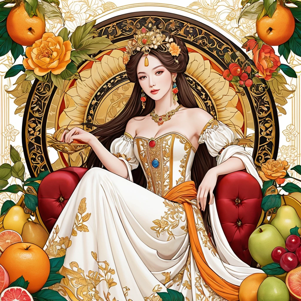Major Arcana Tarot Cards『Empress』Create a coloring book with the theme。Please include the following:： 
- **Design style**: Renaissance Design - **Motif 1**: [[豊かな衣装を着たEmpressの人物]]（Sitting in a luxurious chair）
- **Motif 2**: [[Flower and fruit decoration]]
- **Characteristics of the illustrations**: 線が明確inクリーンin、Great for coloring - **Line art**: [[For coloring books[[Line artのみ]]in、Detailed Design]]
- **composition**: Empressが豪華な椅子に座り、Wearing rich clothing。背景にはFlower and fruit decorationが施され、The abundance of nature is expressed。
