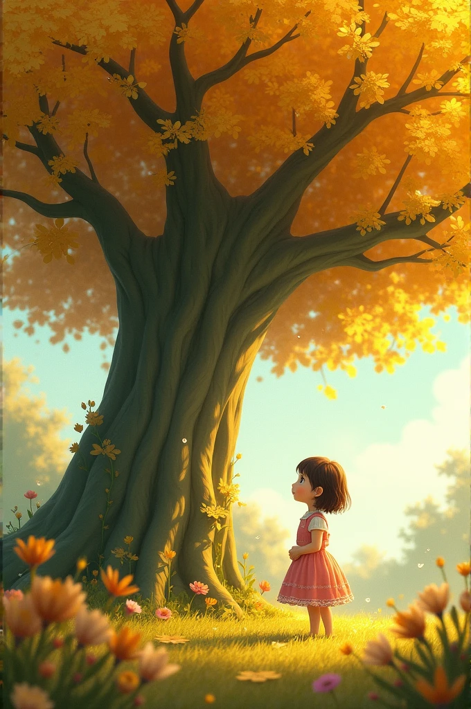 draw a small girl with pink frock and open short hair and folding her hands towards a huge tree. the leaves of the tree are golden and bright