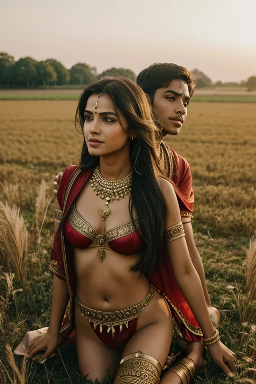 A boy and girl may have sex pose in the field. Indian theme