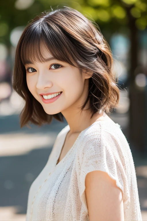 Happy smile seeing this、In the city、(Highest quality,8K quality,masterpiece:1.3,),(Ultra-high resolution:1.3,Photorealistic:1.4,RAW Photos:1.2),(Ultra-detailed:1.2,Glowing Skin,Detailed skin:1.1),(Detailed face,Perfect Anatomy,Caustics:1.2),,1 person,cute,Japanese,Age 25,Japanese Ido,Natural brown hair,Curl short hair outward,cute目,Natural Makeup,Bright office casual outfit,Laughter,Looking into the camera,On the face,Face Focus,Professional Lighting,Natural soft light,spring、