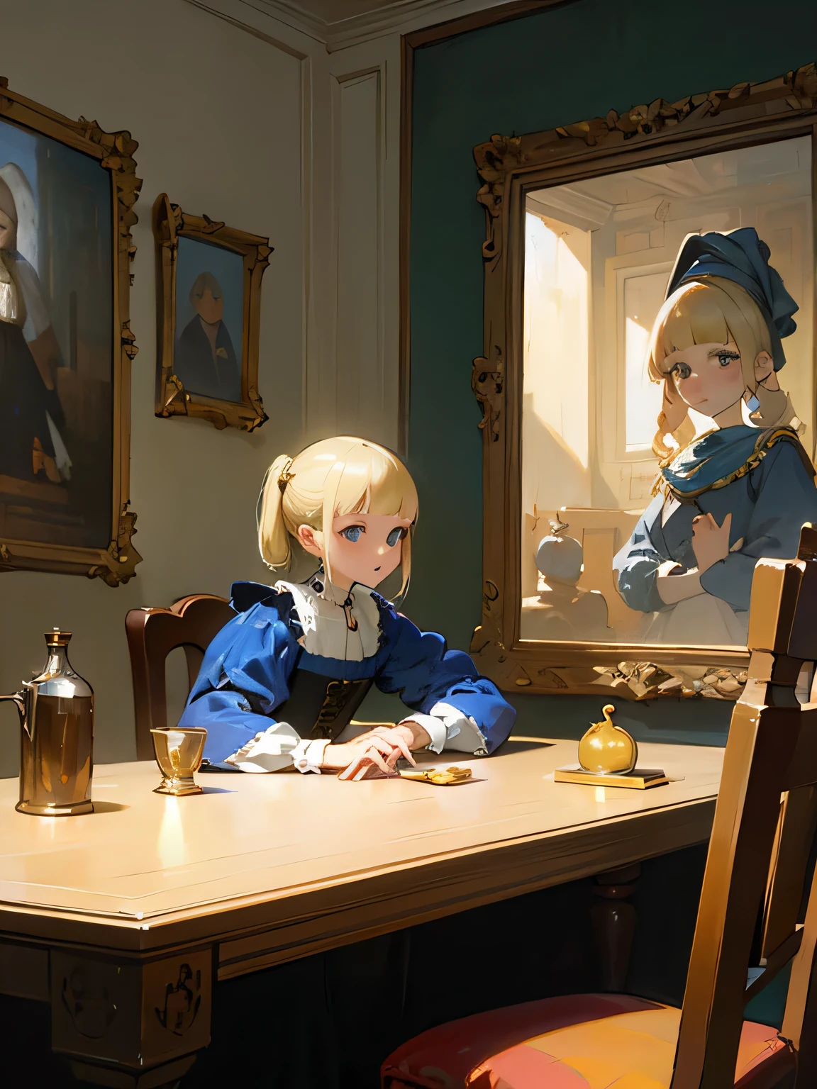 Tabletop, girl,World Masterpiece Theatre, Blonde, 1 person, shape, Looking at the audience, Material, canvas, Oil, Vermeer Artist ,