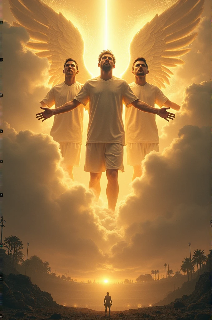 Les dieux du football dans le ciel :Montre une vision céleste où les figures emblématiques de Messi, Pelé, et Maradona apparaissent dans les nuages au-dessus du stade, observant le match. Ils sont représentés de manière majestueuse, entourés d'une lumière dorée, symbolisant leur statut divin. En dessous, le stade en ruines est visible, avec Harjun en pleine action, comme s'il était guidé par ces légendes.