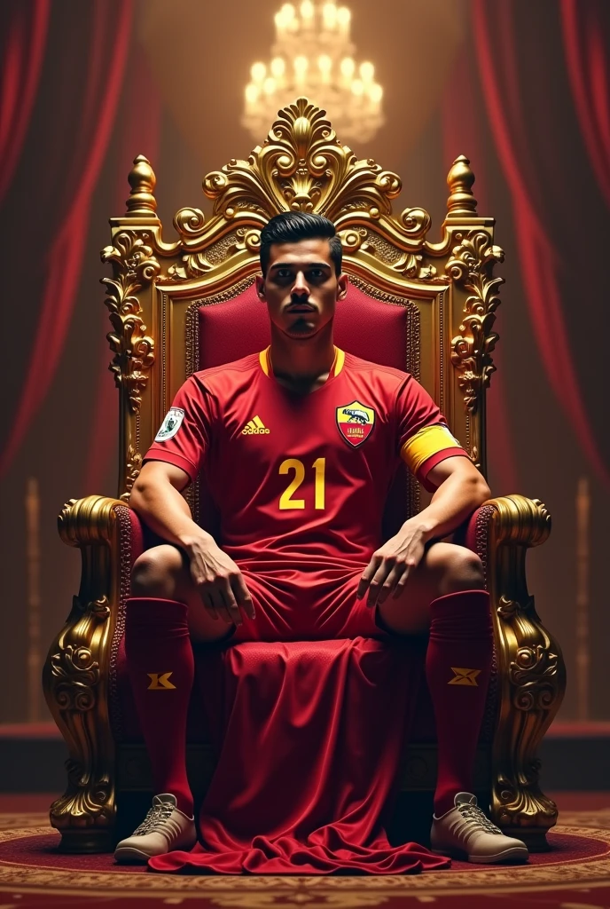 Paulo Dybala Roma player, number 21, sitting on a prince's throne