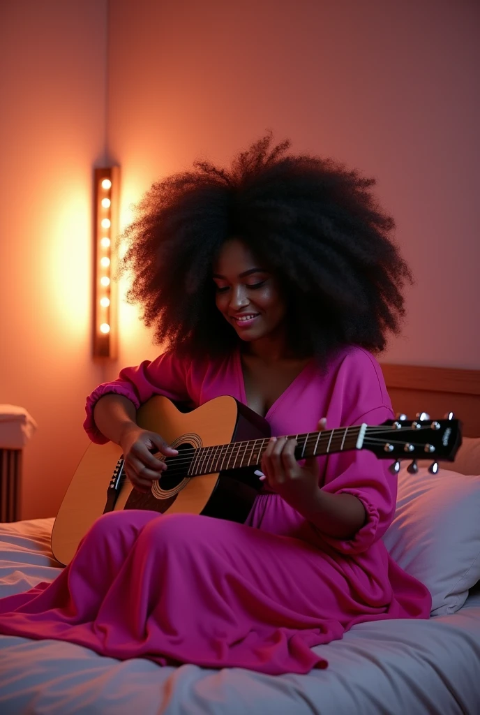 Create an image of a scenario for recording covers,in a small place, two vertical LEDs on the sides, a bed in the center,on top of the bed a black woman, chubby, curly hair, playing guitar, wearing pink dress
