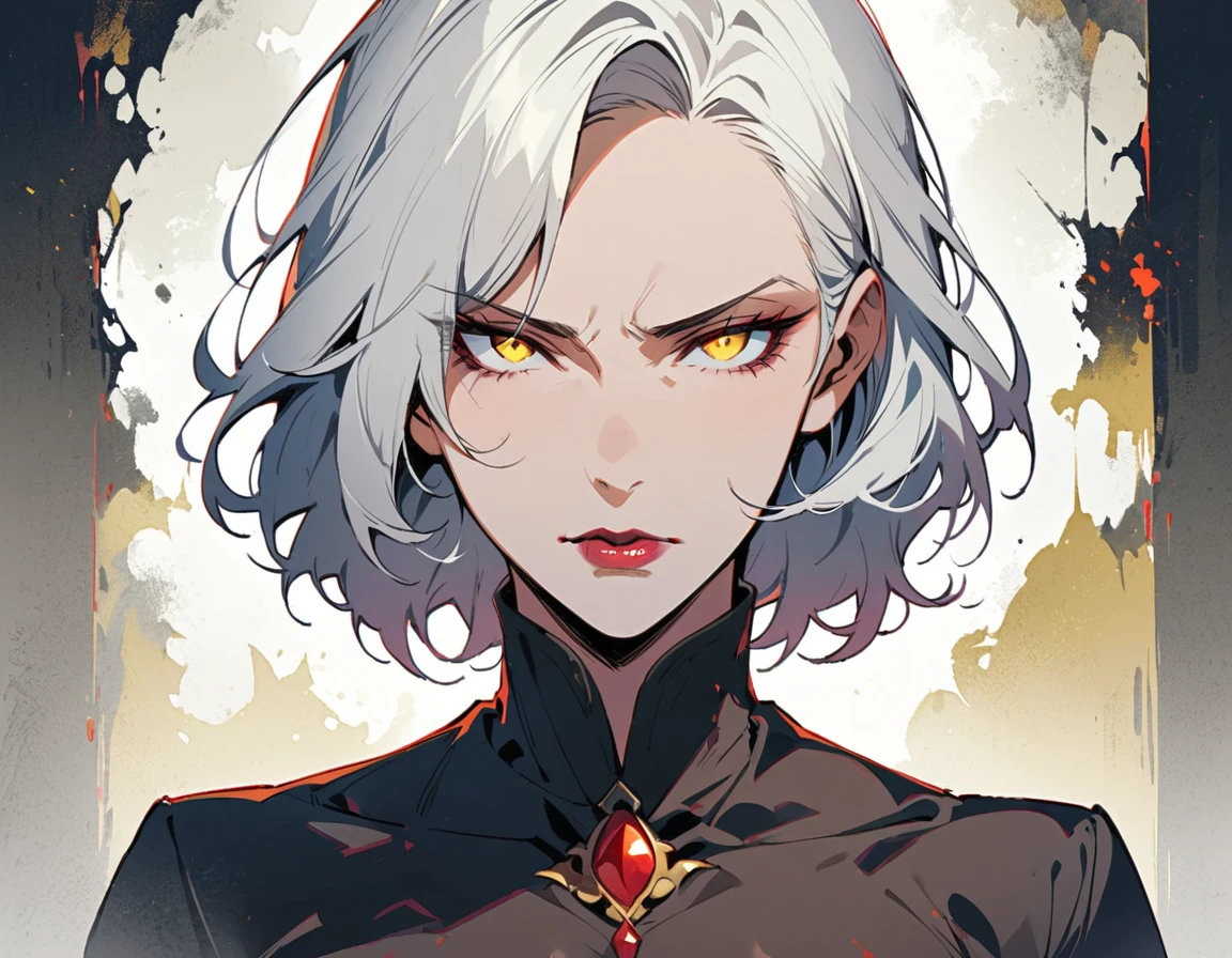 Long white hair, yellow eyes, evil, sexy, elegant hairstyle, evil face, evil, serious look, gloss lips, sinister, front look, (((half-body portrait))), beautiful eyes, white straight short hair, sensual, clear skin, evil, female vampire 40 years, mature woman, solo, (((Older mature woman)))(((Demoness))) (Nude:1.0)
