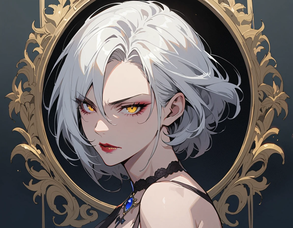 Long white hair, yellow eyes, evil, sexy, elegant hairstyle, evil face, evil, serious look, gloss lips, sinister, front look, (((half-body portrait))), beautiful eyes, white straight short hair, sensual, clear skin, evil, female vampire 40 years, mature woman, solo, (((Older mature woman)))(((Demoness))) (Nude:1.0)