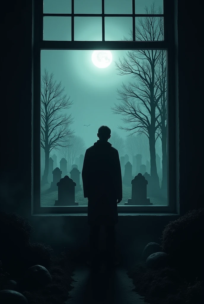 Looking out of the window a cemetery at night with a gloomy atmosphere