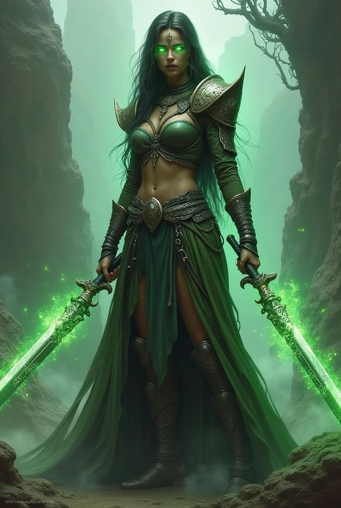 Ancient warrior woman with glowing green eyes holding two magical swords